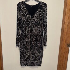 MARINA Size 10 Elegant Black Cocktail Dress with Silver Patterns